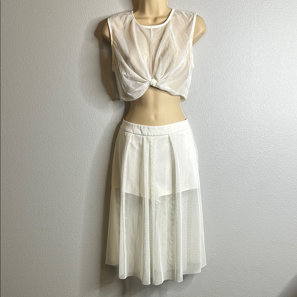 Rehab White Pleated Mesh Crop Top and Midi skort Set
